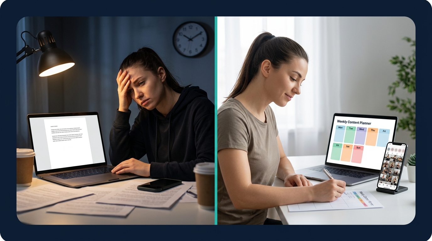 Before: late-night content stress. After: weekly content planned and ready to post.
