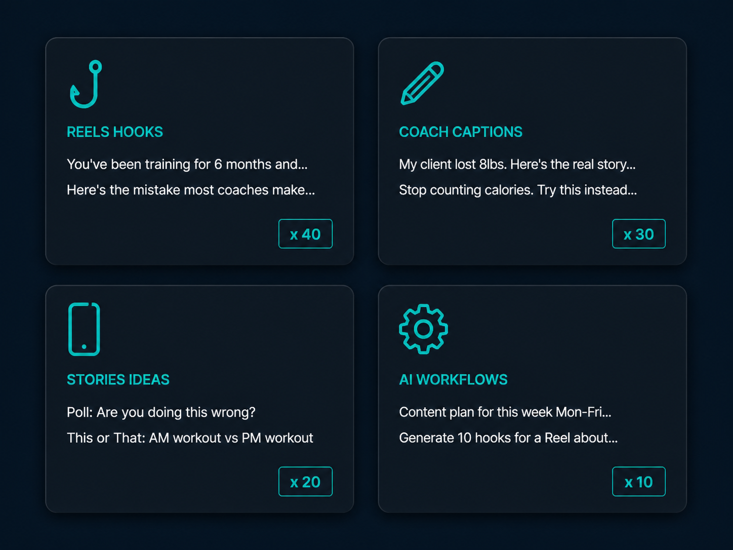 Grid showing the 4 modules: Reels hooks, coach captions, stories ideas, AI workflows