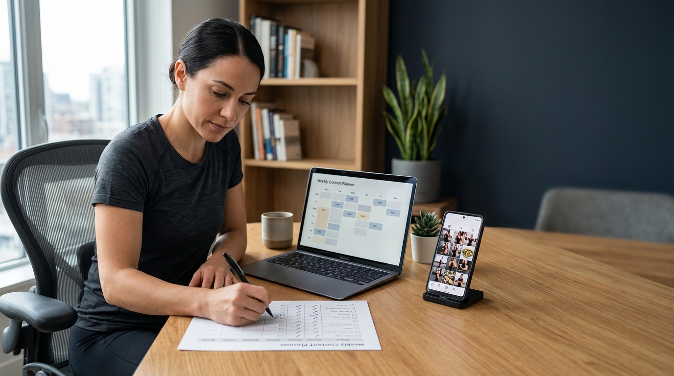 Fitness coach planning a week of Instagram posts with a content planner