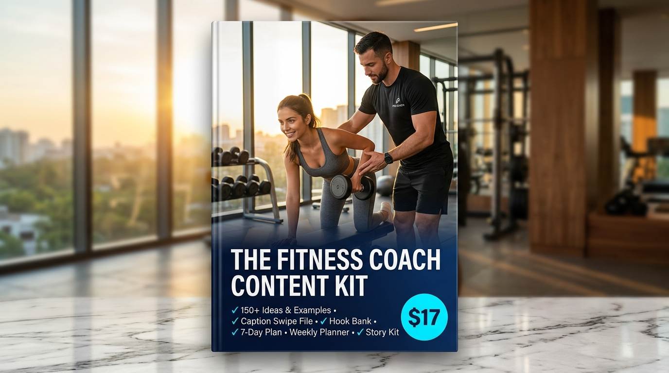 The Fitness Coach Content Kit cover showing a trainer with a client in the gym